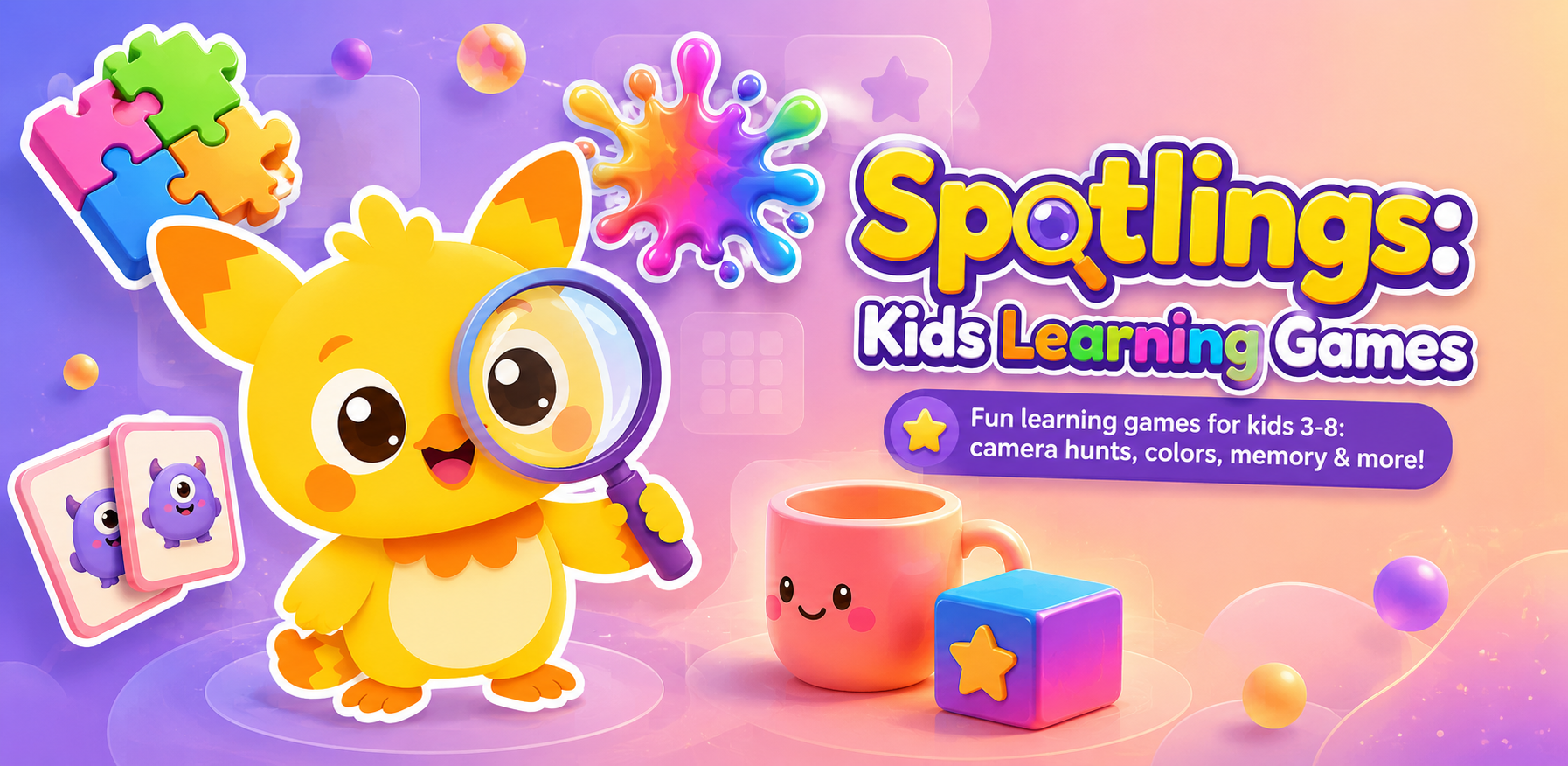Spotlings: Kids Learning Games — fun learning games for kids 3–8: camera hunts, colors, memory and more